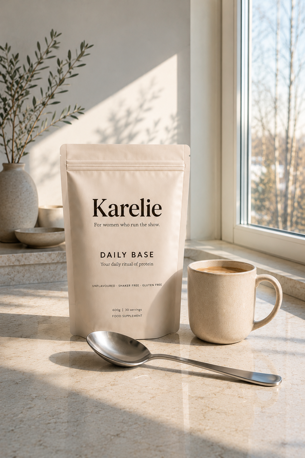 Karelie Daily Base product pouch with coffee mug and spoon